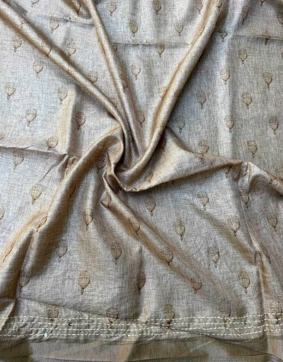 Champagne Beige blouse fabric in katha work with zari border by Ethnic Today.