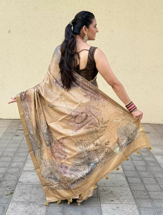 Woman wearing Beige Champagne Lotus Katha Work Silk Saree by Ethnic Today.