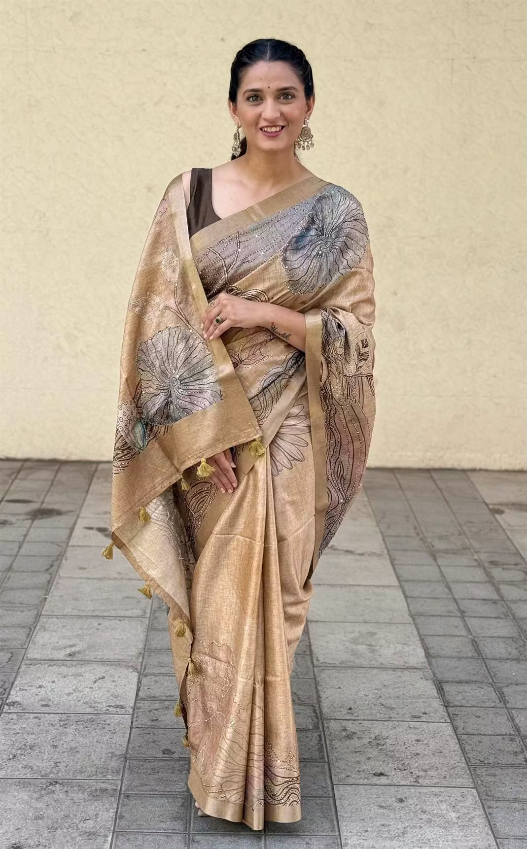 Woman in Beige Katha work saree by Ethnic Today.