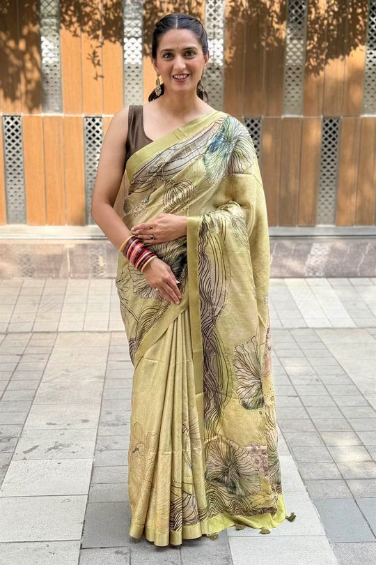 Woman wearing Green Katha Work Saree by Ethnic Today