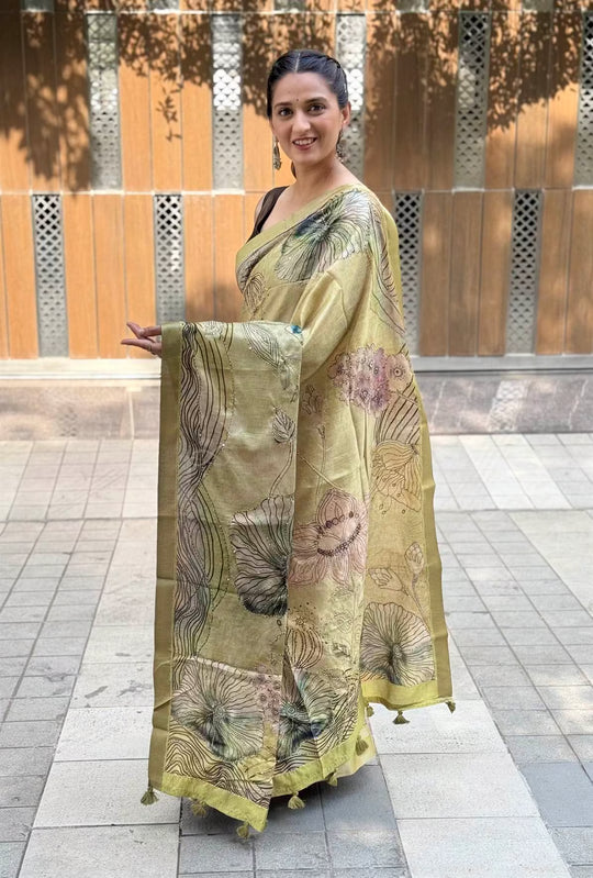 Woman wearing Green Botanical Katha Dola Silk Saree by Ethnic Today.