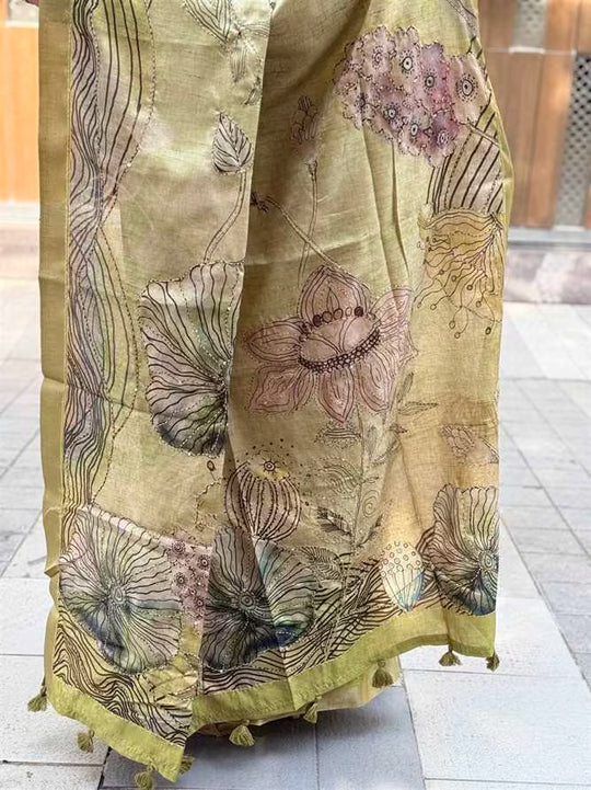 Green Botanical katha work saree pallu by Ethnic Today.