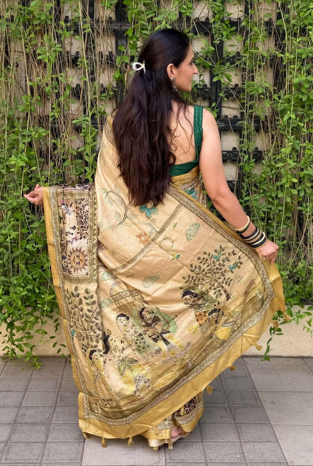 Woman in Mustard Gold Katha work saree by Ethnic Today.