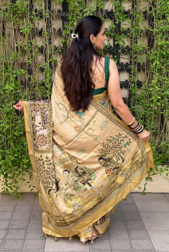 Woman in Mustard Gold Katha work saree by Ethnic Today.