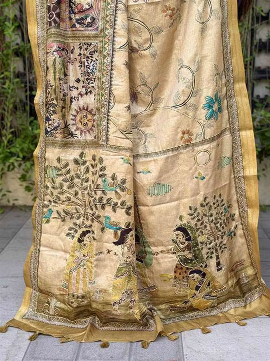 Mustard Gold saree pallu in Katha work by Ethnic Today.