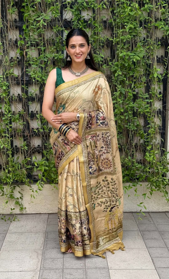 Woman wearing Mustard Gold Madhubani Dola Silk Saree by Ethnic Today.