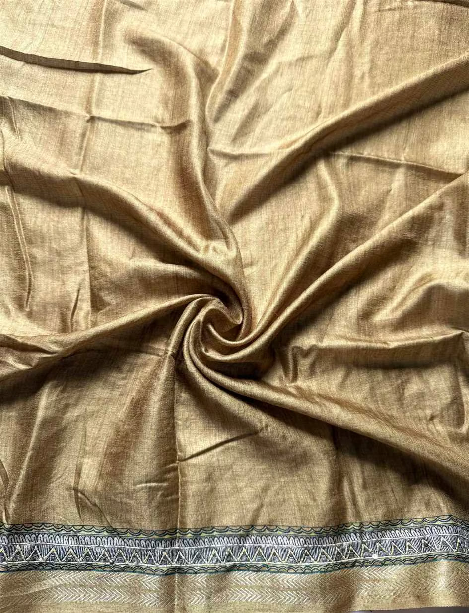 Mustard Gold blouse fabric in katha work with Zari border by Ethnic Today.