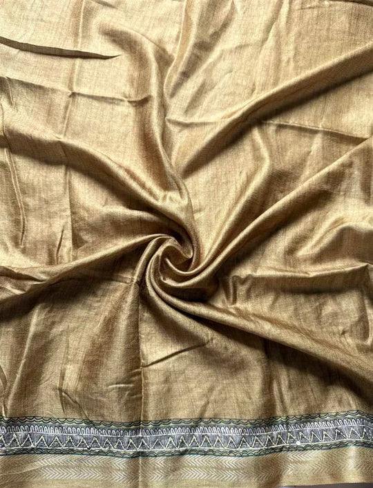 Mustard Gold blouse fabric in katha work with Zari border by Ethnic Today.