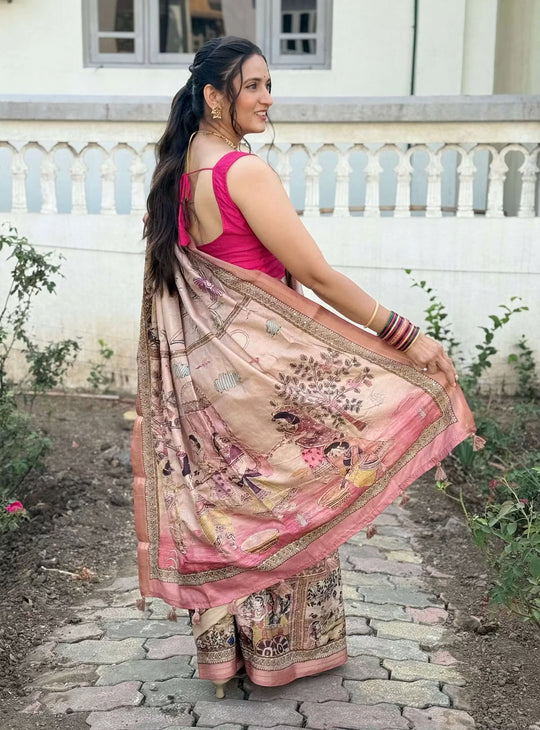 Woman earing Rose Gold Madhubani Kalamkari Silk Saree by Ethnic Today.