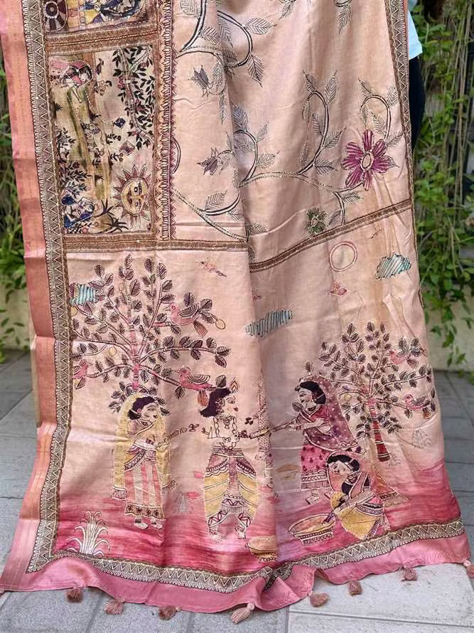 Rose Gold saree pallu in katha work by Ethnic Today.
