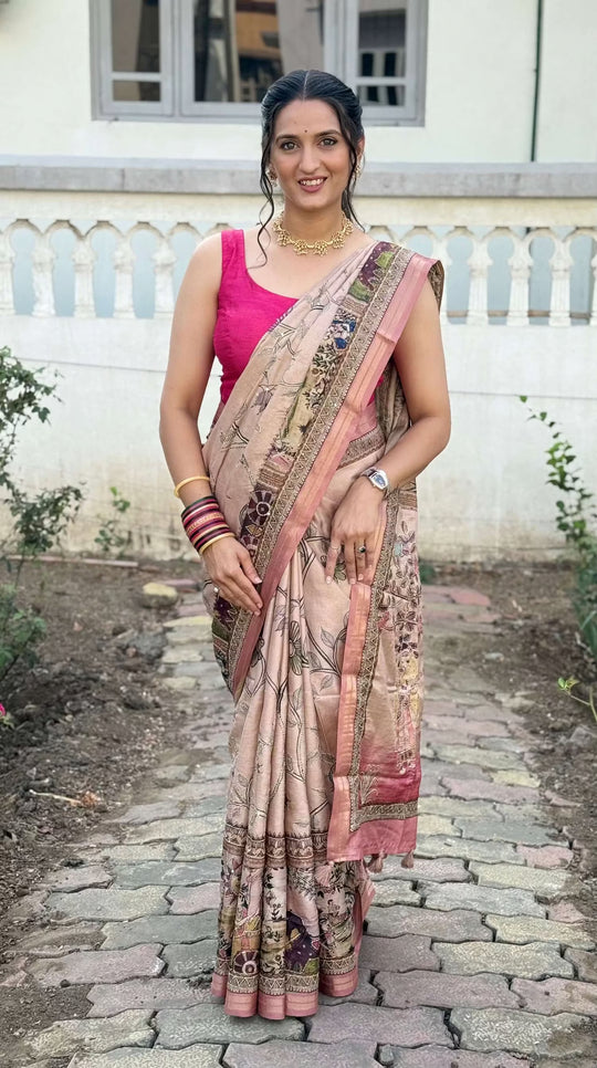 Woman in Rose Gold Katha work saree by Ethnic Today.