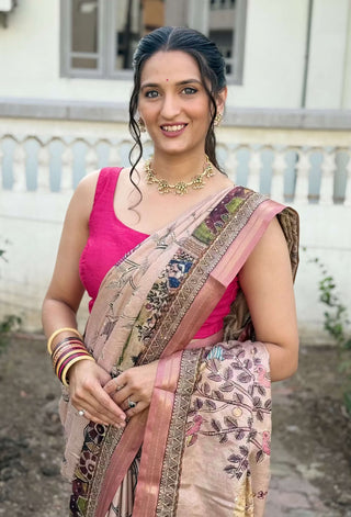 Rose Gold Madhubani Kalamkari Silk Saree