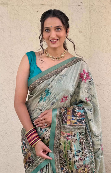 Sea Blue Madhubani Katha Dola Silk Saree