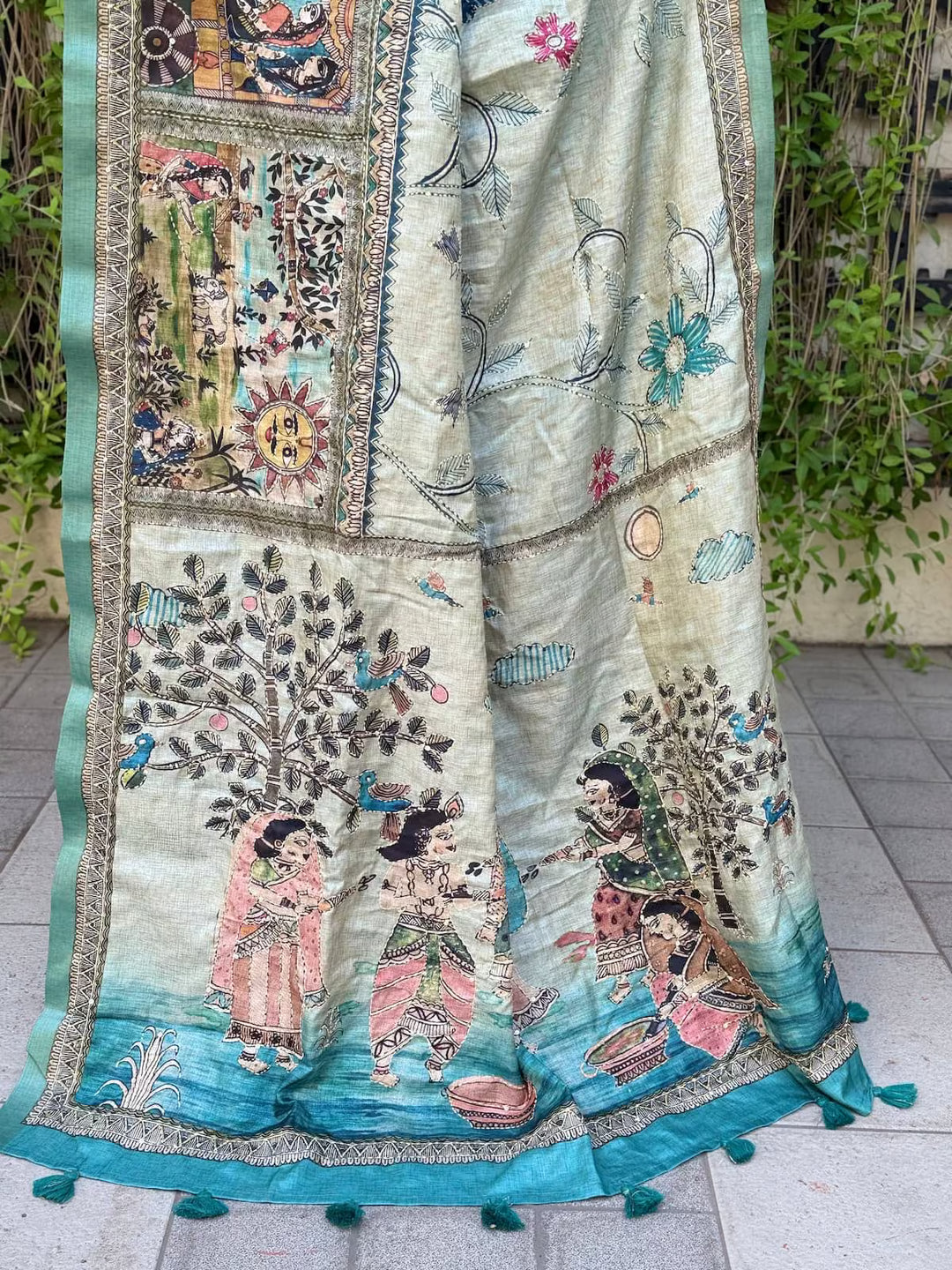 Sea blue madhubani with Katha work saree pallu by Ethnic Today.