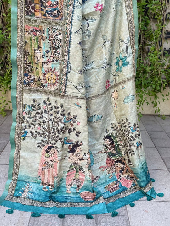 Sea blue madhubani with Katha work saree pallu by Ethnic Today.
