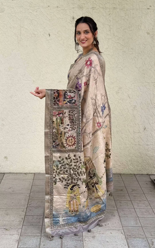 Woman wearing Grey Madhubani Botanical Dola Silk Saree by Ethnic Today.