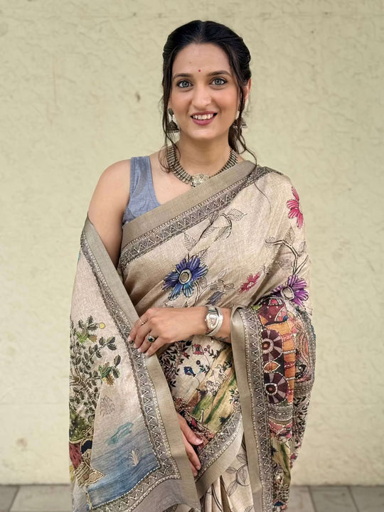 Woman in Grey Madhubani Botanical Dola Silk Saree.