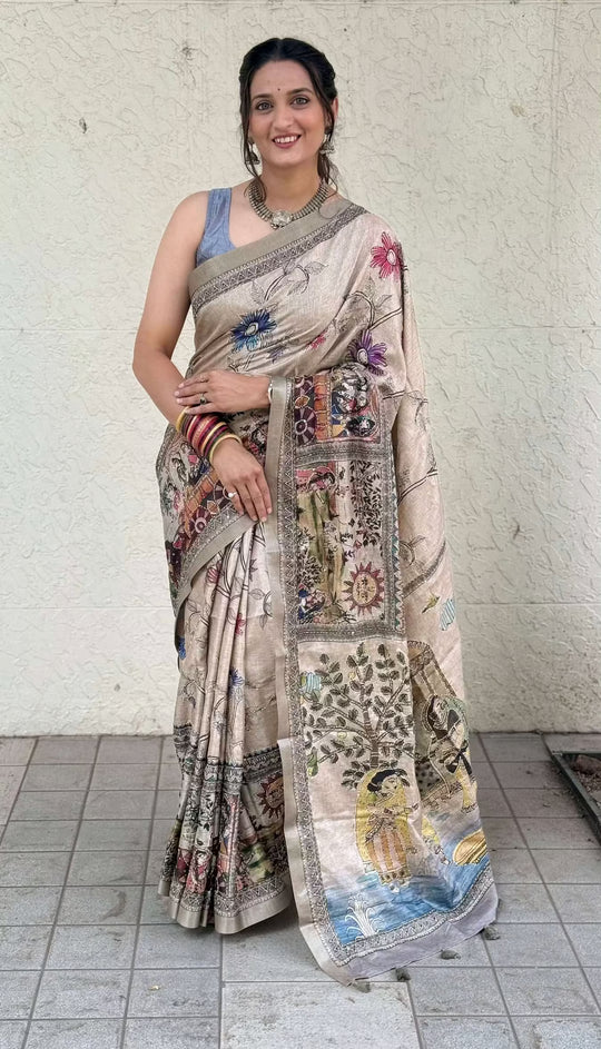 Woman wearing Grey Katha work saree by Ethnic Today.