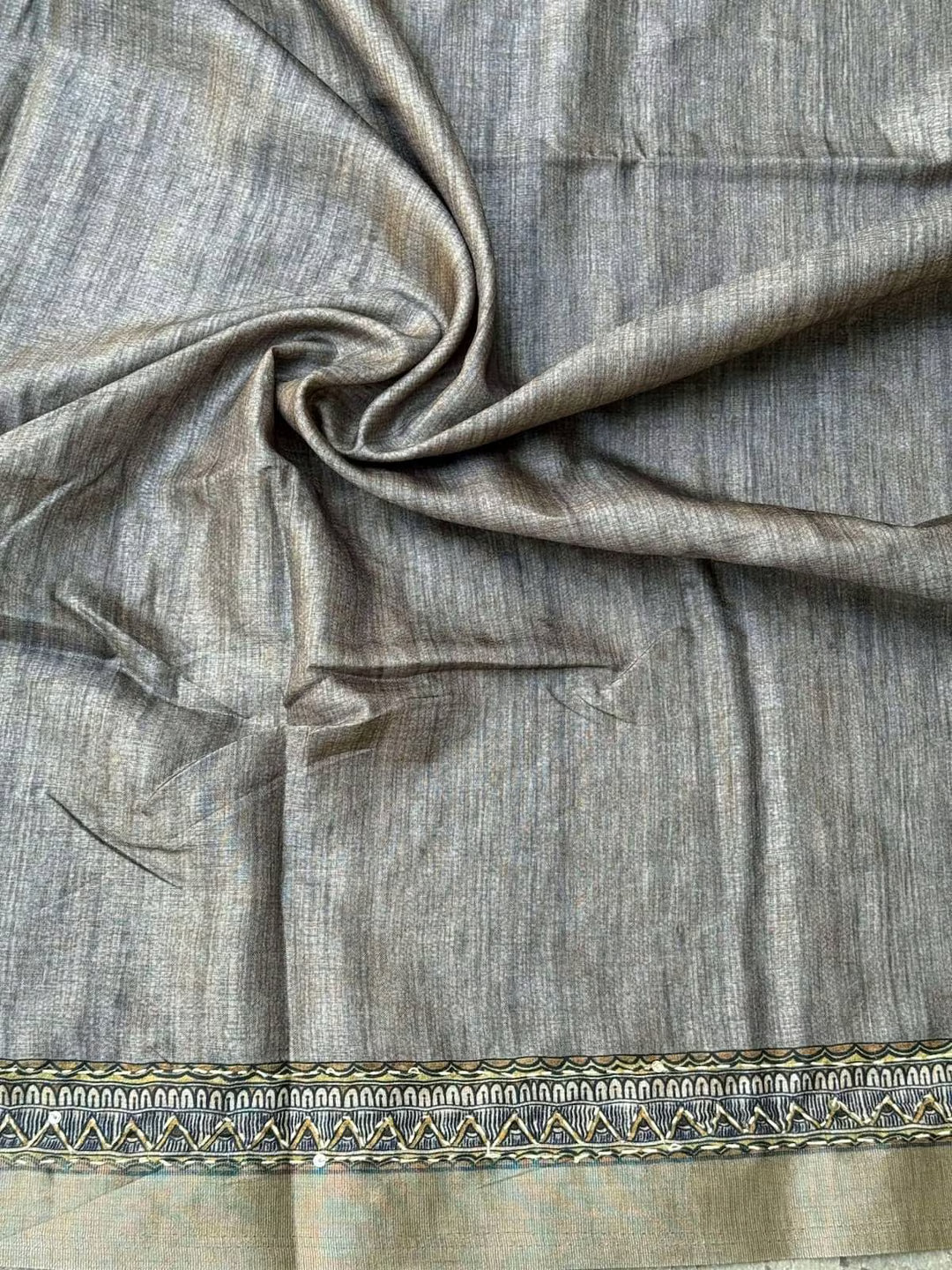 Grey blouse fabric in katha work with Zari border by Ethnic Today.