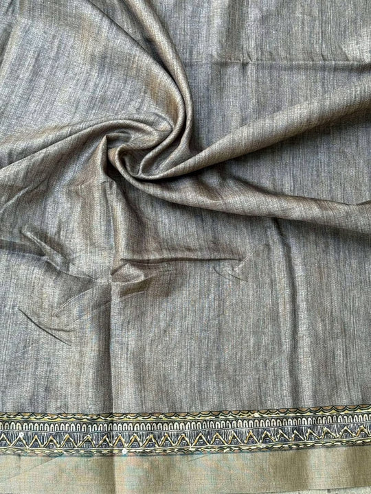 Grey blouse fabric in katha work with Zari border by Ethnic Today.