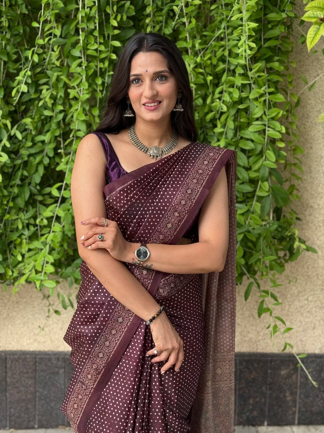 Polka Dot in Dark Maroon with Ajrakh pallu saree for woman by Ethnic Today.