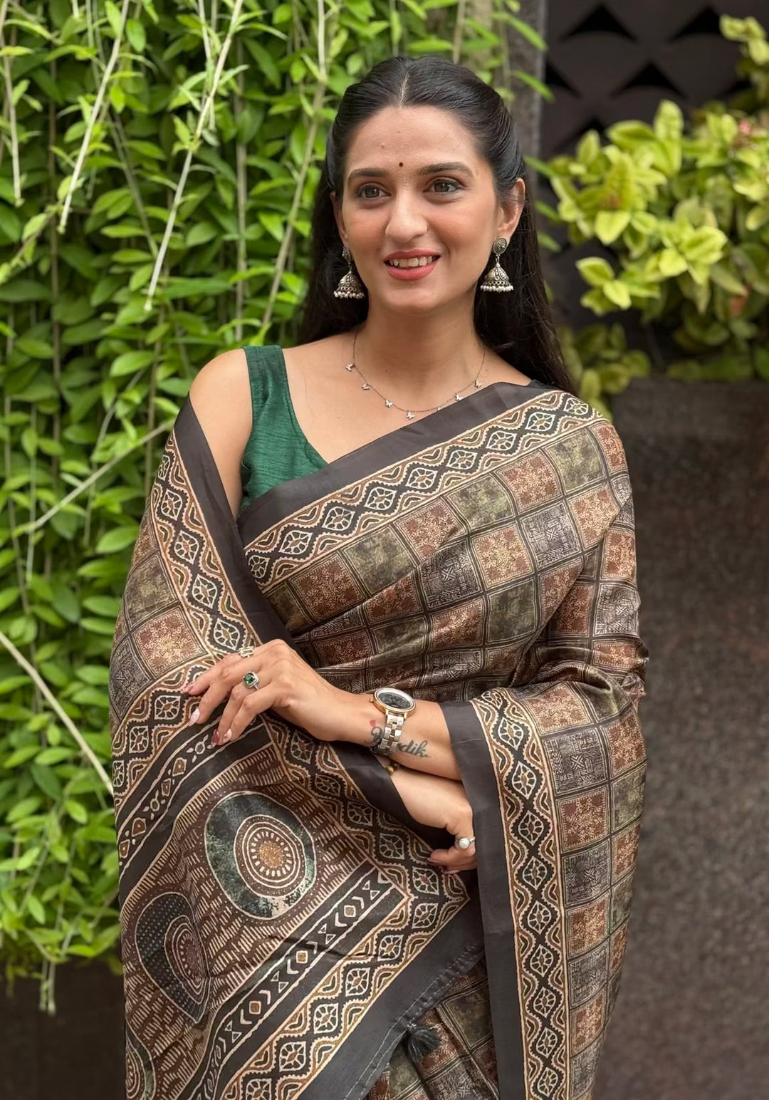 Black Ajrakh Checkered print Tussar ilk saree woman by Ethnic Today. 