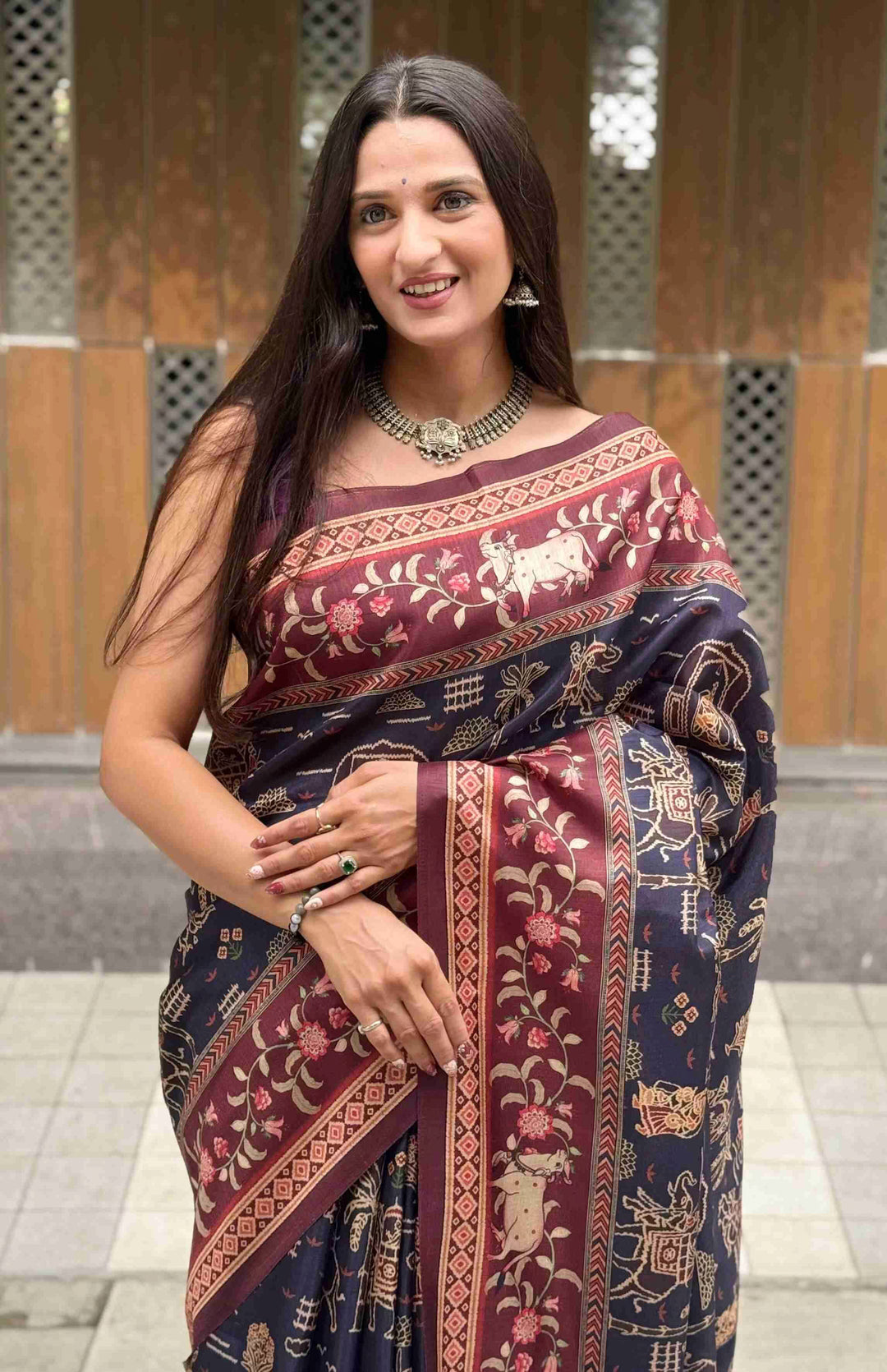 Lotus & Cow Designer Pichwai printed saree for woman by Ethnic Today.				