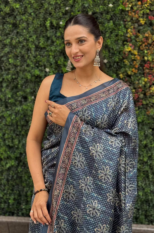 Ajrakh Pallu Border With Dot & Floral Butti saree for woman by Ethnic Today.