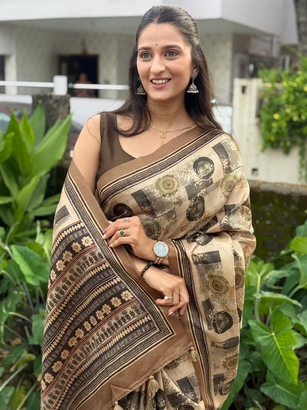 Beige Colour with Block Print saree for woman by Ethnic Today.