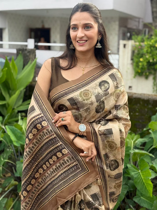 Beige Colour with Block Print saree for woman by Ethnic Today.