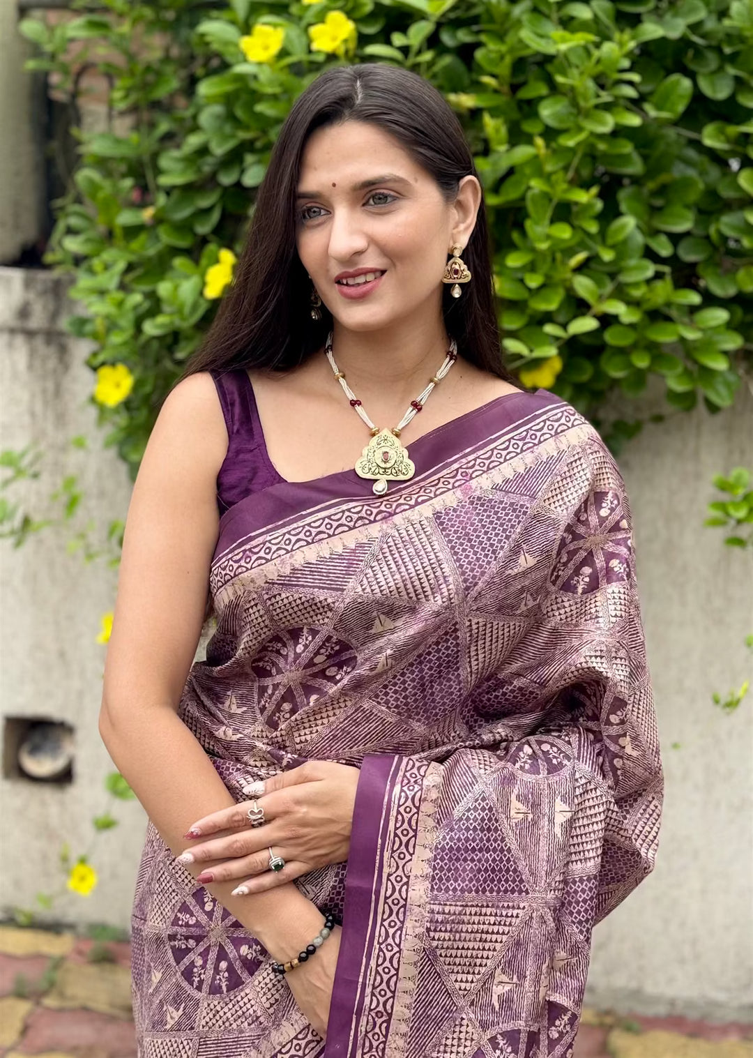 Purple Base with Geometric Beige Pattern saree for woman by Ethnic Today.