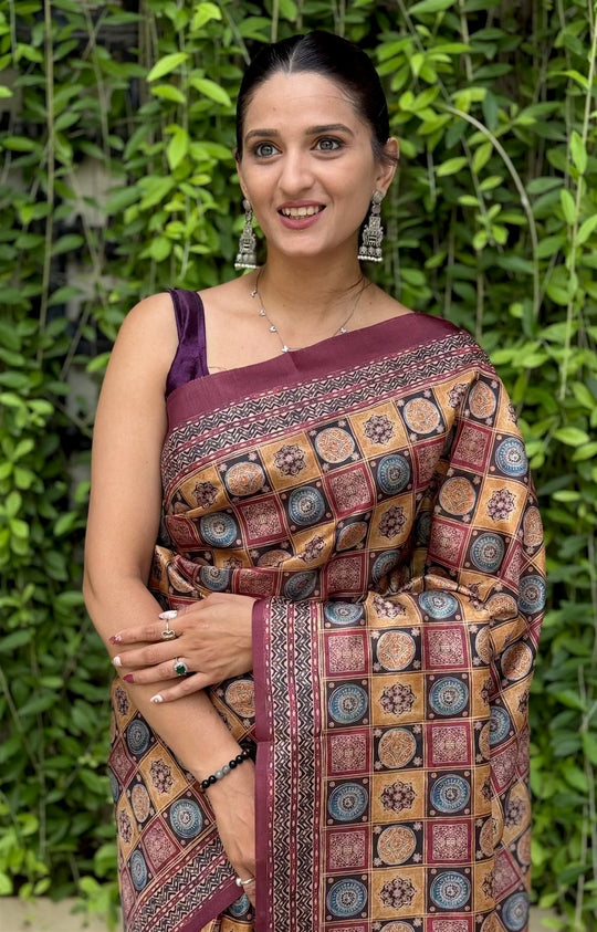 Multi Colour Ajrakh Print with Maroon border saree for woman by Ethnic Today.