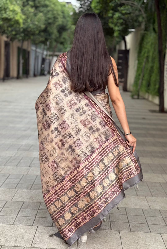 Woman in Block Print Beige Colour Tussar Silk Saree.