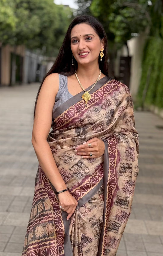 Block Print Beige Colour Tussar Silk Saree for woman by Ethnic Today.