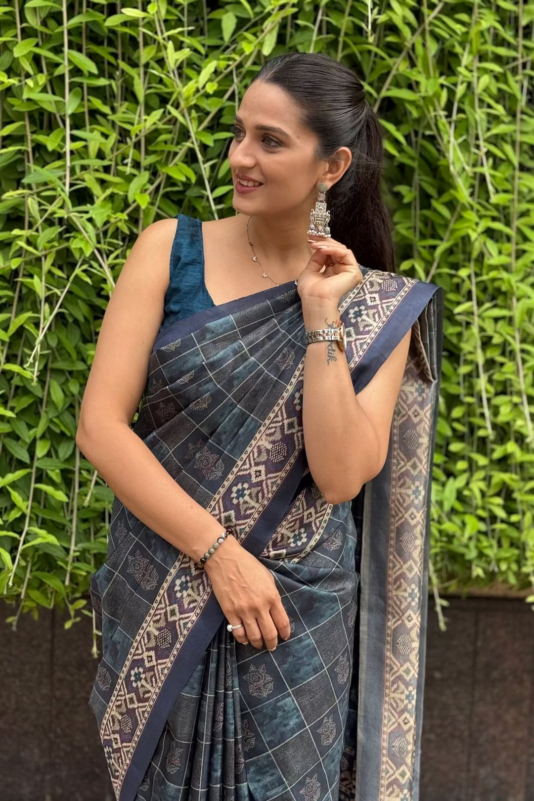Navy Blue Ikkat Pallu Border saree for woman by Ethnic Today.