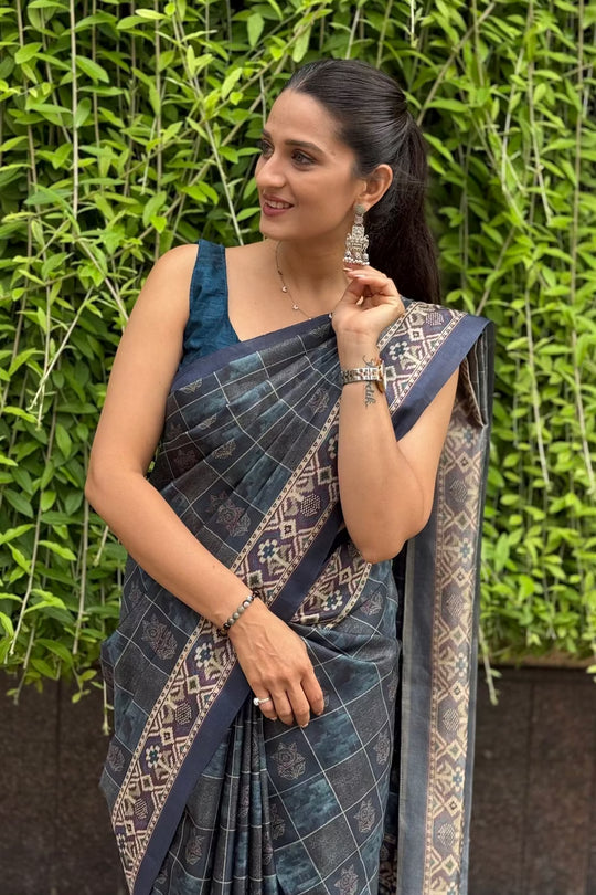 Navy Blue Ikkat Pallu Border saree for woman by Ethnic Today.