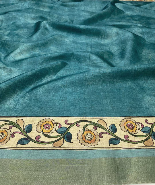 Cyan colour blouse with printed border for woman by Ethnic Today.