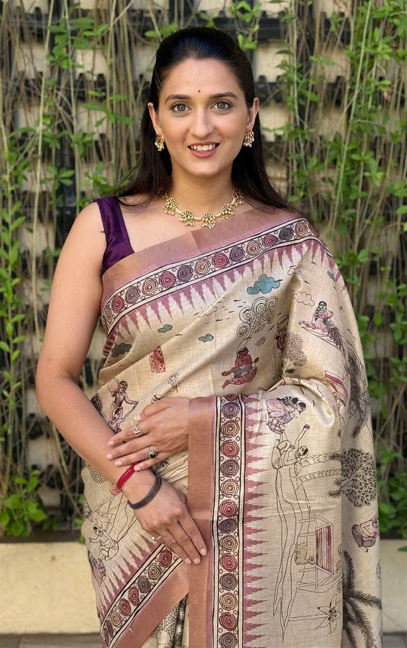 Woman wearing Mythical Garden Kalamkari Cream Silk Saree.