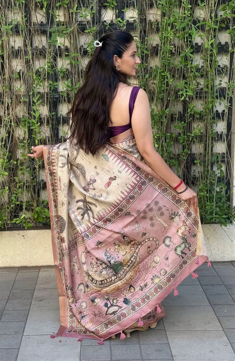 Woman wearing Mythical Garden Cream Silk Saree by Ethnic Today.