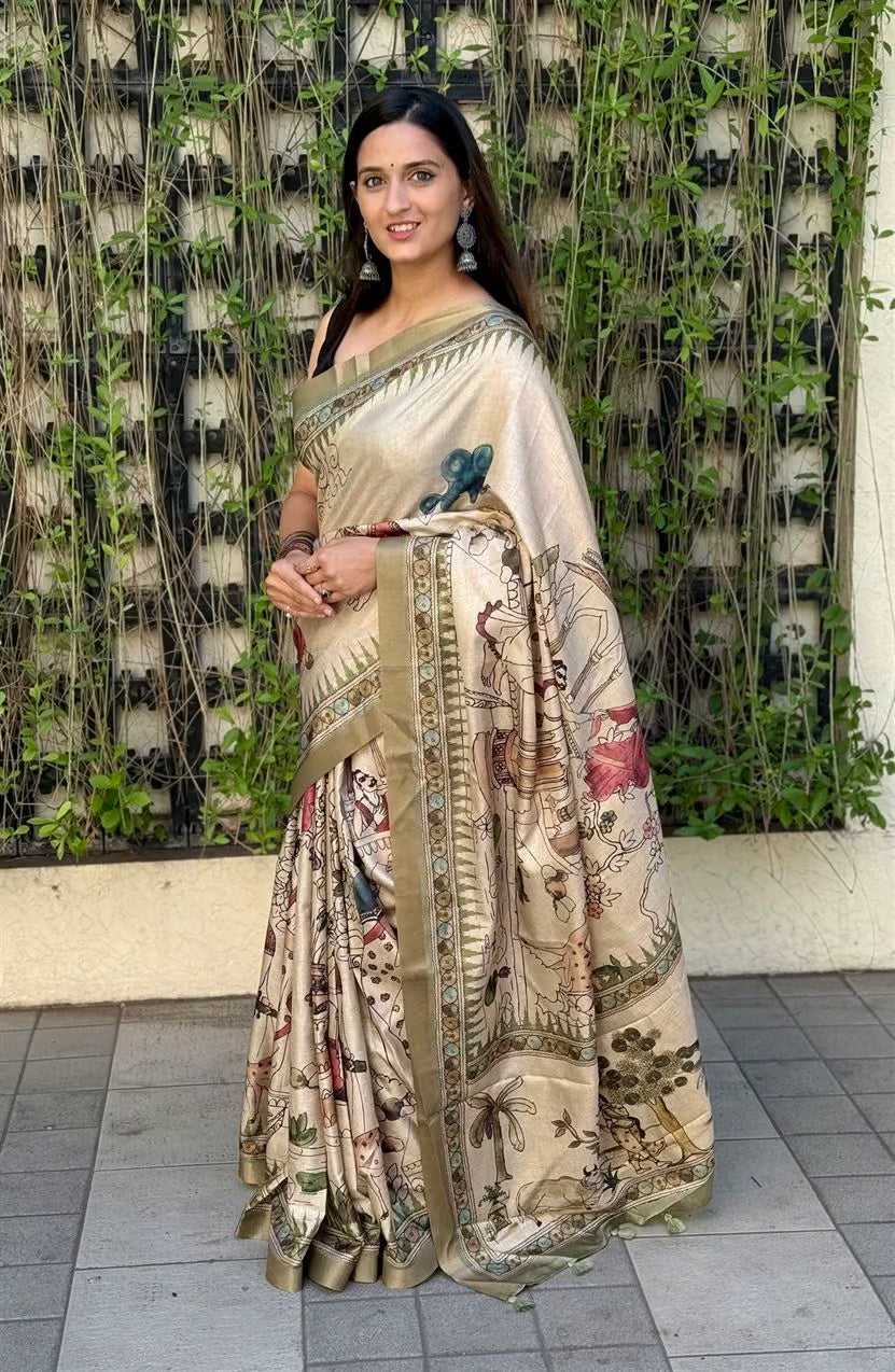 Kalamkari Folk Print With Mehndi Zari Border Silk Saree by Ethnic Today.