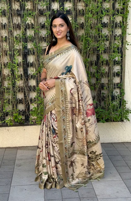 Kalamkari Folk Print With Mehndi Zari Border Silk Saree by Ethnic Today.
