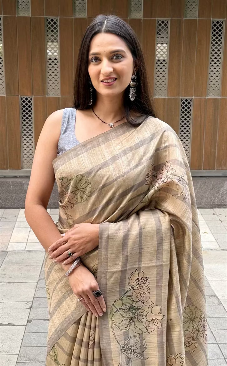 Lotus with Stripe Beige colour saree for woman by Ethnic Today.