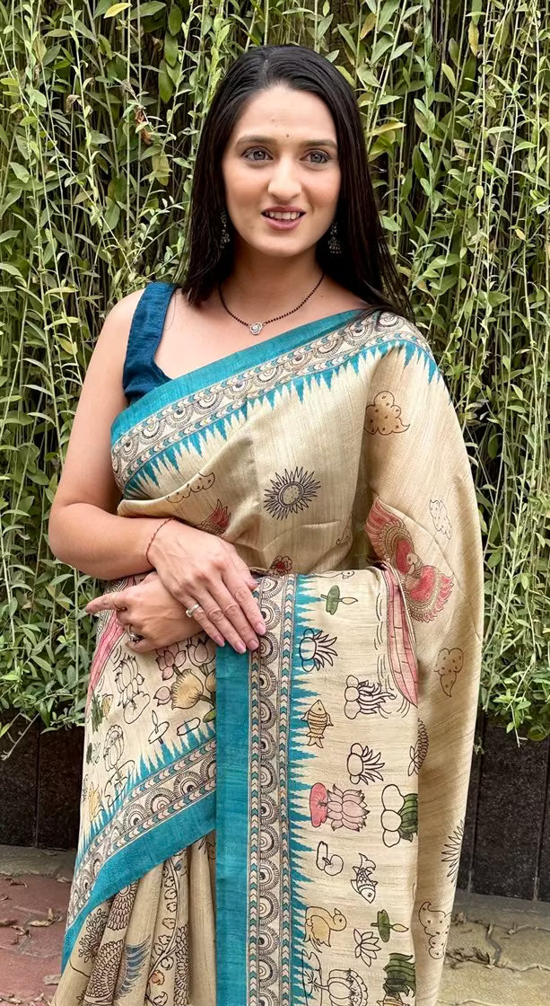 Kalamkari Figure in Beige colour with Cyan border saree for woman by Ethnic Today.