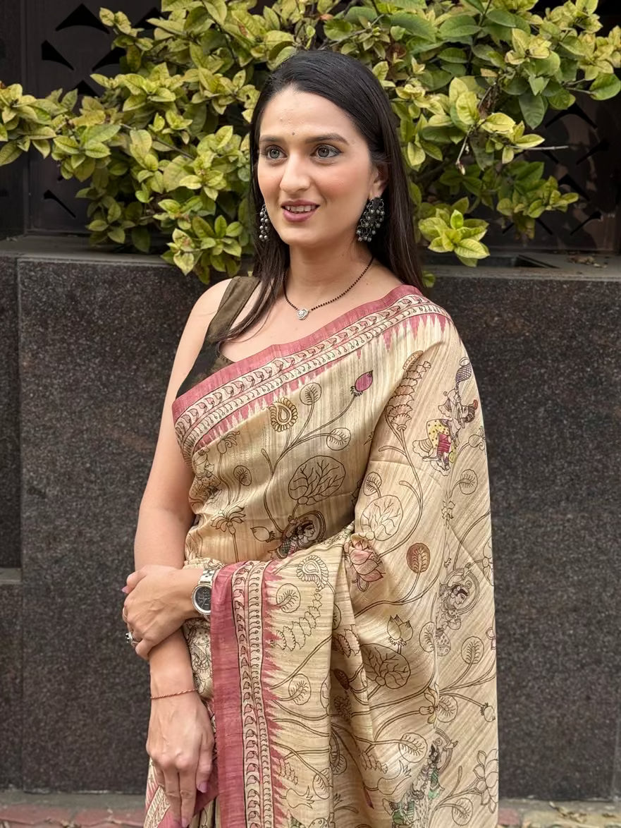 Kalamkari Beige Base With Pink Pallu for woman by Ethnic Today.