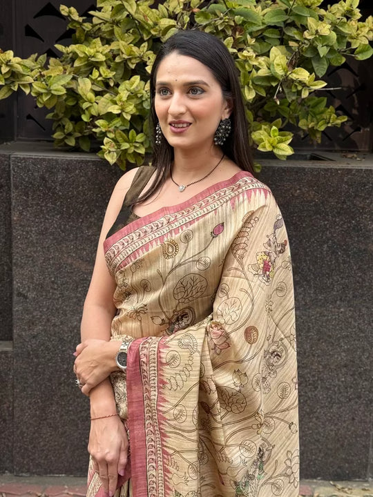 Kalamkari Beige Base With Pink Pallu for woman by Ethnic Today.