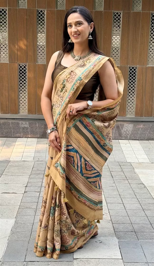 Woman in Beige Floral Figure printed Soft silk saree for woman.