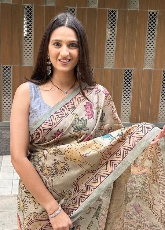 Kalamkari Lotus Jaal Soft silk saree for woman by Ethnic Today.