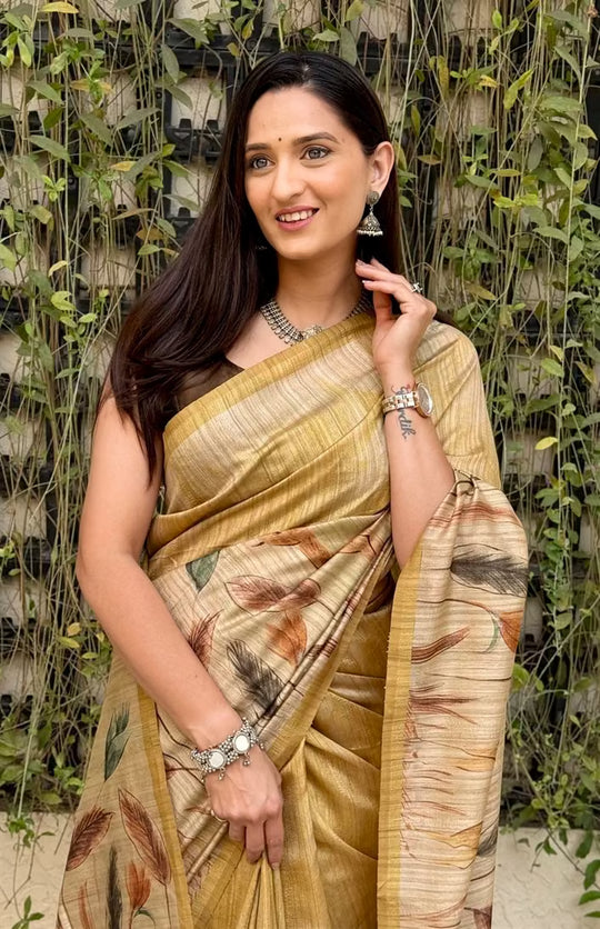 Golden Yellow Botanical printed saree for woman by Ethnic Today.
