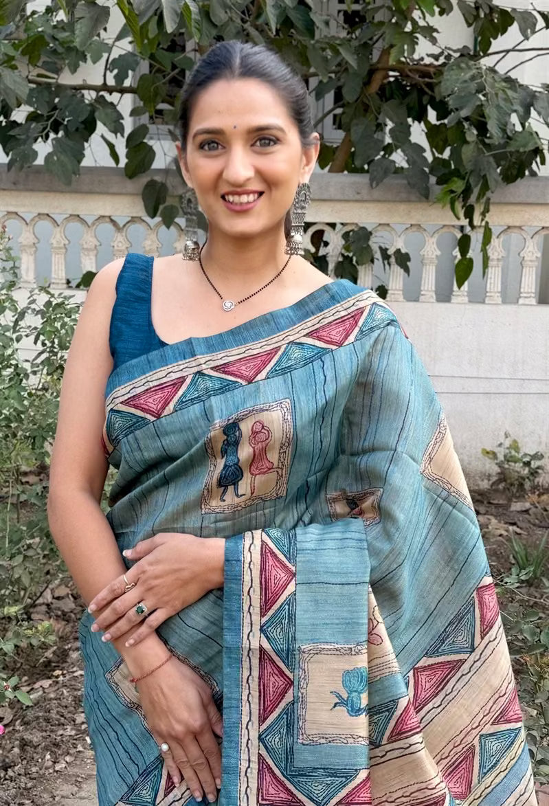 Ocean Blue Madhubani Pattern Soft silk saree for woman by Ethnic Today.