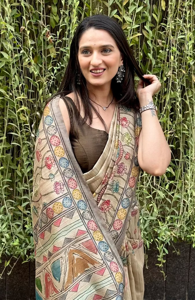 Kalamkari with Geometric inspired pallu saree for womanby Ethnic Today.
